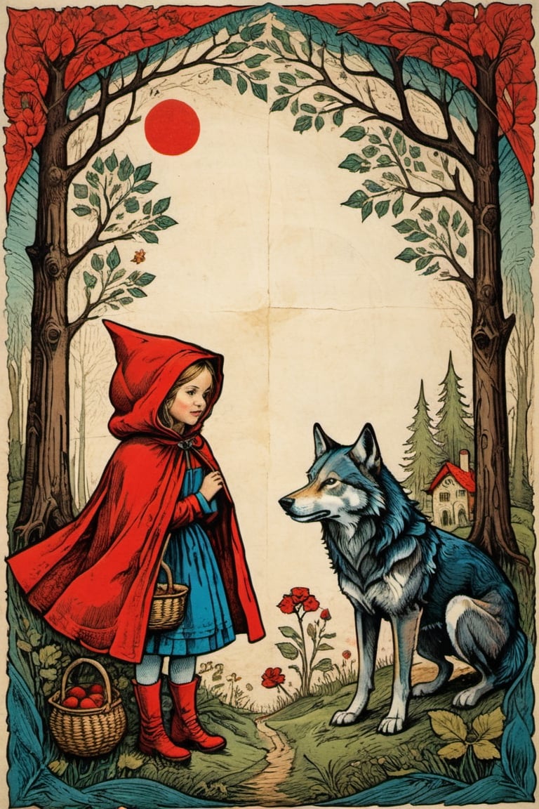 colorful woodcut printmaking, little red riding hood and the big wolf. on parchment
