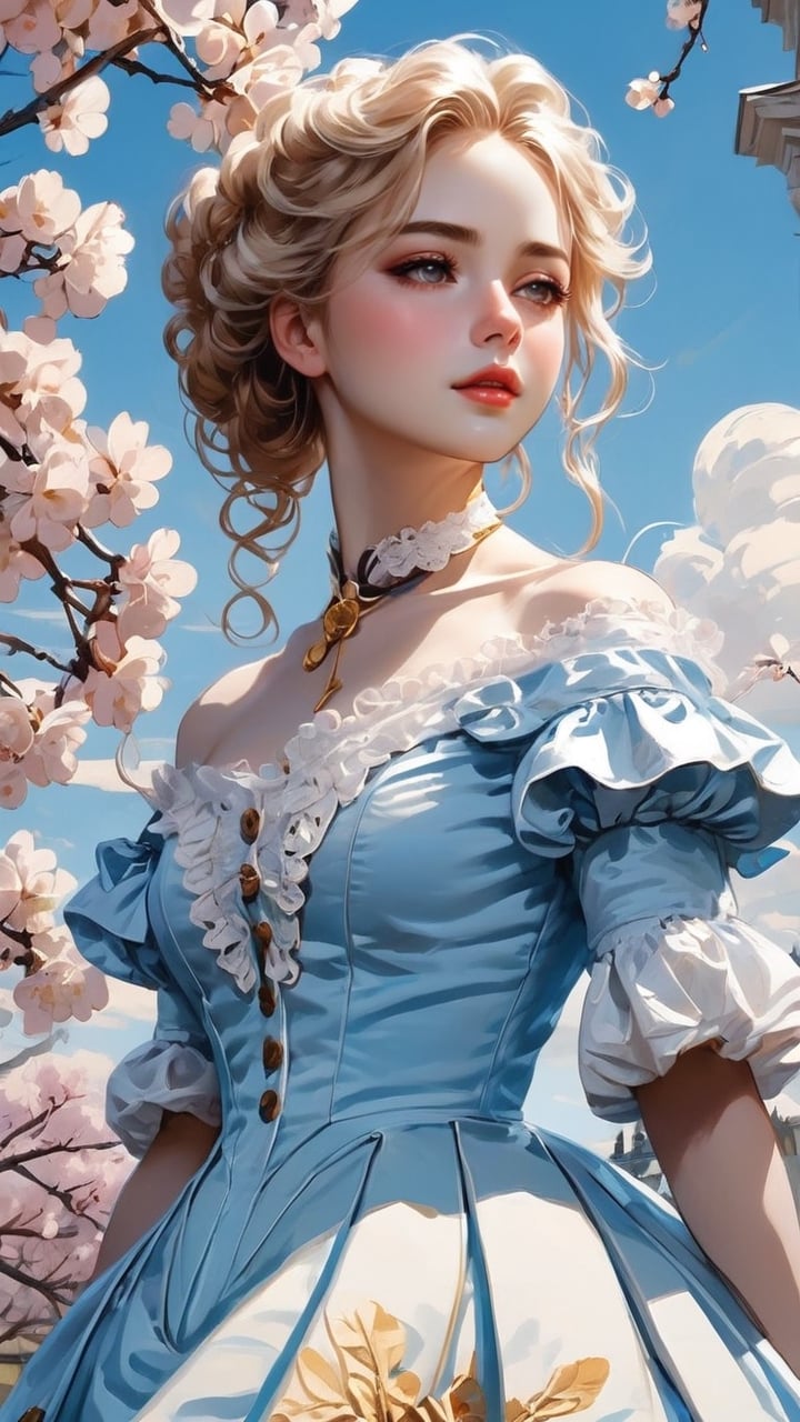 A girl in the Victorian era, outdoor, blue sky, (masterpiece, top quality, best quality, official art, beautiful and aesthetic:1.2), (1girl:1.4), blonde hair, portrait, extreme detailed, highest detailed, springtime is in full swing,colorful,victorian dress,hoopdress