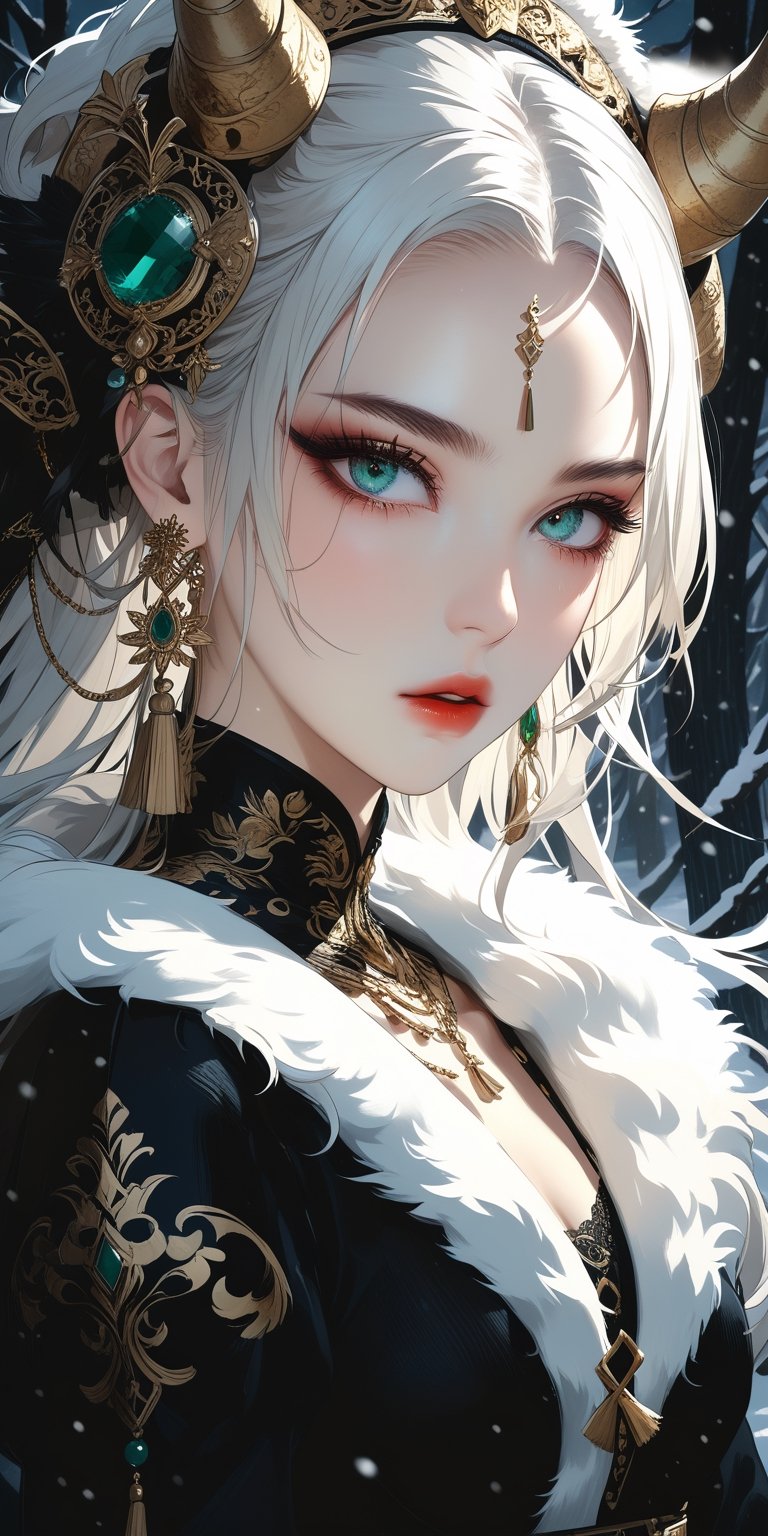 A fierce Norse female warrior wielding a battle axe in a snowy forest. (masterpiece, high quality, 8K, high_res:1.5), surreal picture, extremely detailed, 1girl, solo, long hair, looking at viewer, blue eyes, simple background, hair ornament, hair between eyes, jewelry, upper body, earrings, lips, fur trim, eyelashes, gem, tassel, portrait, beads, Yanjun Cheng style, hazy beauty, emo, (sharp eyes:1.4), (rebellious:1.4), (fierce:1.4), tight lips. Intricate earrings, dirty worn hardcore style, long boots, creating a magical style, high brightness and low color palette, masterpiece,portraitart,Leonardo Style,dark,dark moody atmosphere