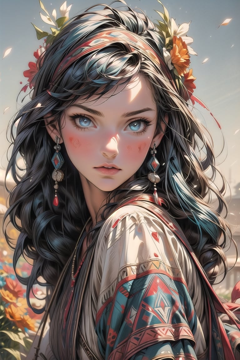 1 girl, flowers, outdoor, sky, extreme detailed, realistic, solo, official art, extremely detailed, extreme realistic, beautifully detailed eyes, detailed fine nose, detailed fingers. Art Nouveau,vane /(granblue fantasy/),CrclWc,centralasia,FOLK,perfect light,wrenchftmfshn,Nico,YAMATO,Blue hair,graffiStyle
