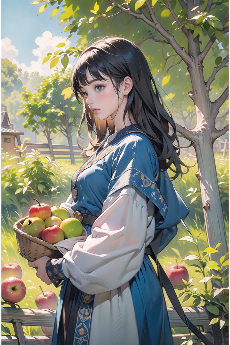 A medieval girl in traditional dress, picking apples from an apple tree, mysterious medieval, masterpiece,High detailed,watercolor,swedish dress