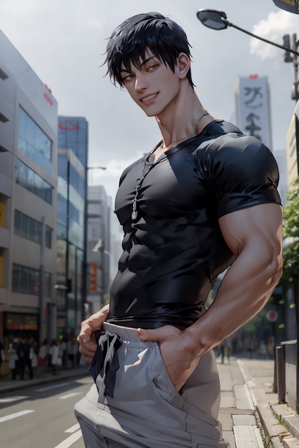 masteroiece, best quality, flat, 1boy, t0uj1, black hair, black shirt, short hair, black eyes,  white baggy pants, bangs, muscular male, outdoors,  shibuya, evil grin,colth,More Detail