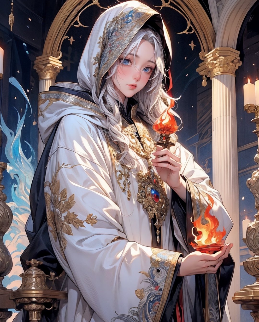 1 man in a snow-covered hoodie with red and blue accents ,holding a dying flame in his hands, The head is playfully tilted to the side, silver haired, hairlong, white colored hair, white robe, Ecclesiastical symbolism, Statue, realisti, (tmasterpiece, hiquality, beste-Qualit, Official art, Beautiful and aesthetically pleasing: 1.2), Extremely detailed, s fractal art, colourful, As detailed as possible, zentangle