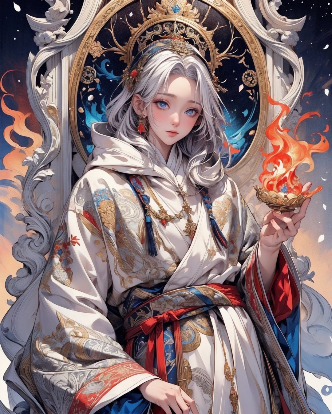 1 man in a snow-covered hoodie with red and blue accents ,holding a dying flame in his hands, The head is playfully tilted to the side, silver haired, hairlong, white colored hair, white robe, Ecclesiastical symbolism, Statue, realisti, (tmasterpiece, hiquality, beste-Qualit, Official art, Beautiful and aesthetically pleasing: 1.2), Extremely detailed, s fractal art, colourful, As detailed as possible, zentangle