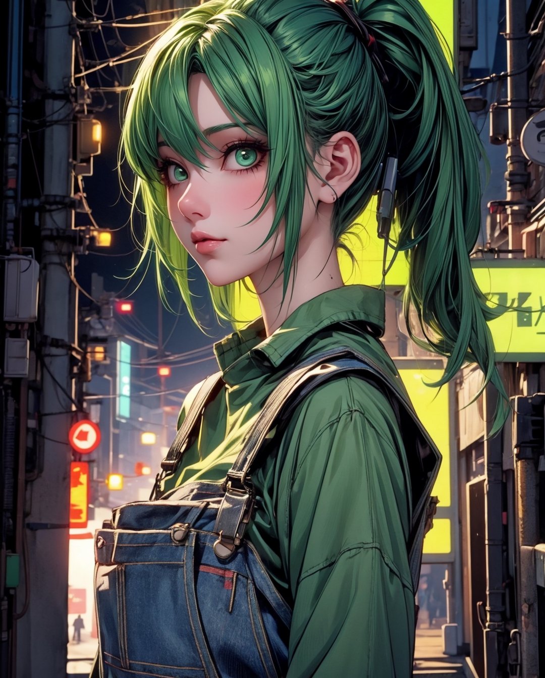 1 green-haired girl with overalls, pendurada em  um poste de luz , Looking at camera,Camera angle up close,Cabelo pigtails, seios grandes,,em uma cidade neon, (estilo cyberpunk) 8K Ultra realista
