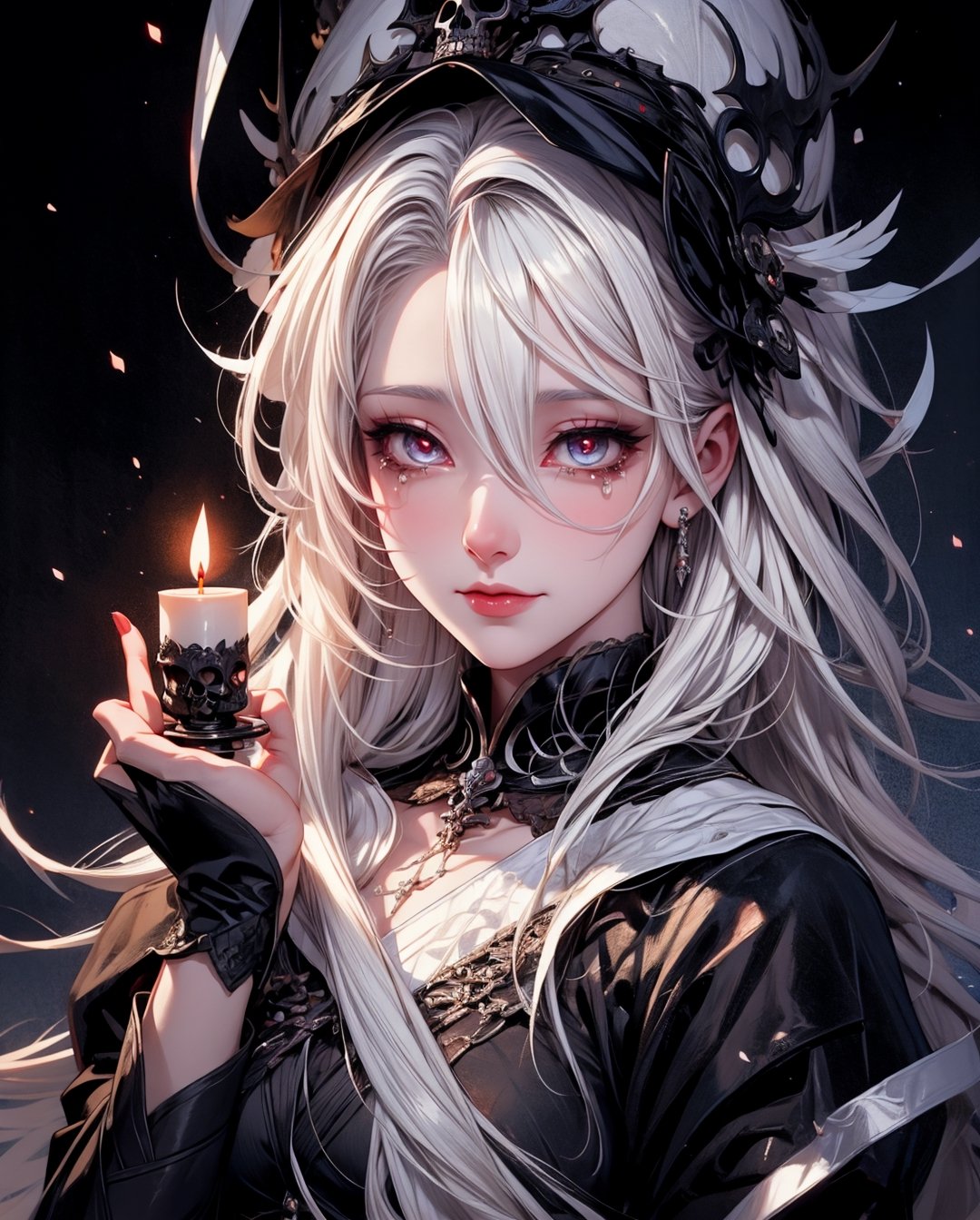 （tmasterpiece,best qualtiy）, solo,A white-haired woman holds a candle,anime skull portrait woman,beautiful necromancer girl,beautiful girl necromancer,,Smoky, flowing white hair,Harsh eyes,paleskin,black eyeshadows,Black blood and tears,Gothic shoujo anime characters,beautiful necromancer,gothic fantasy art,dark fantasy style art, white-haired god,Portrait of a female necromancer,Female necromancer,goddess of death,Dark moody lighting,with light glowing,mistic,magical,edge lit