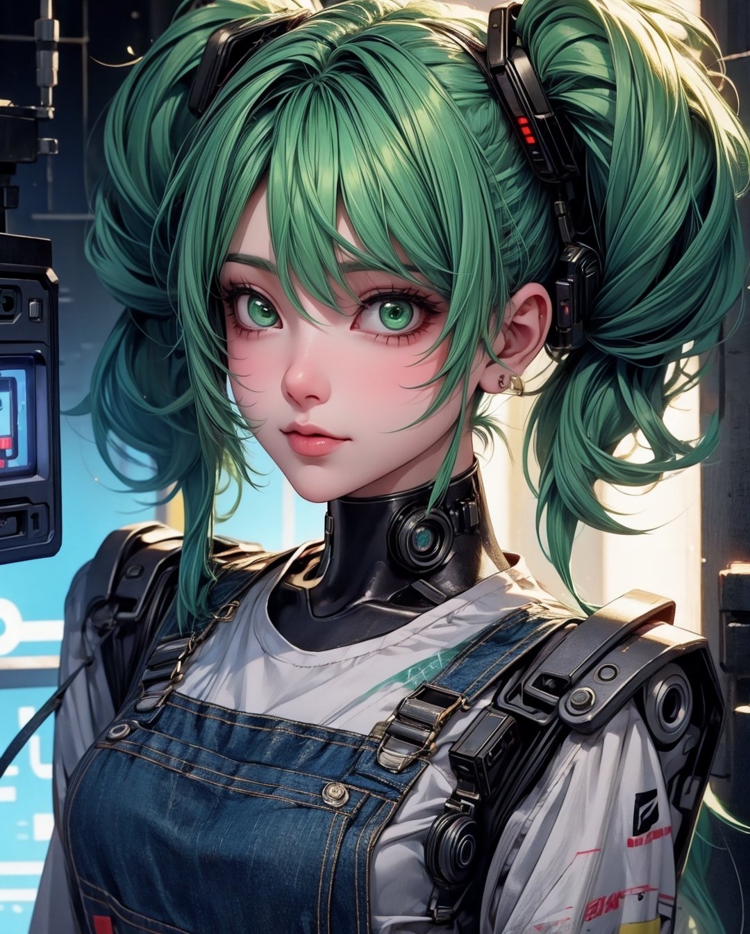 1 green-haired girl with overalls, pendurada em  um poste de luz , Looking at camera,Camera angle up close,Cabelo pigtails, seios grandes,,em uma cidade neon, (estilo cyberpunk) 8K Ultra realista
