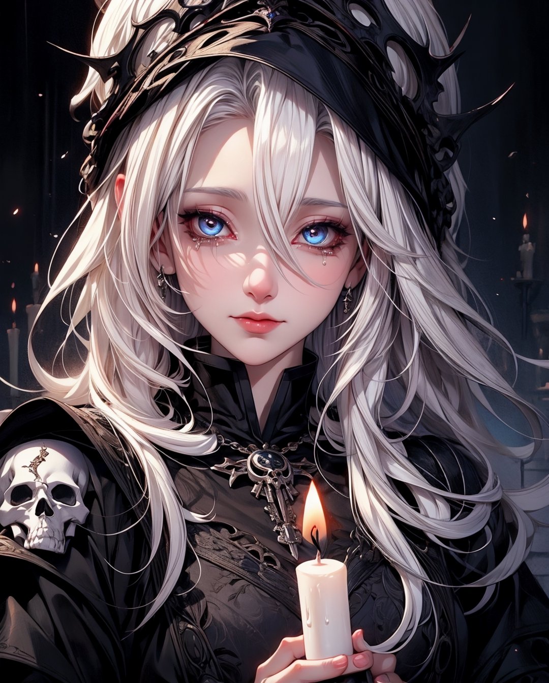 （tmasterpiece,best qualtiy）, solo,A white-haired woman holds a candle,anime skull portrait woman,beautiful necromancer girl,beautiful girl necromancer,,Smoky, flowing white hair,Harsh eyes,paleskin,black eyeshadows,Black blood and tears,Gothic shoujo anime characters,beautiful necromancer,gothic fantasy art,dark fantasy style art, white-haired god,Portrait of a female necromancer,Female necromancer,goddess of death,Dark moody lighting,with light glowing,mistic,magical,edge lit