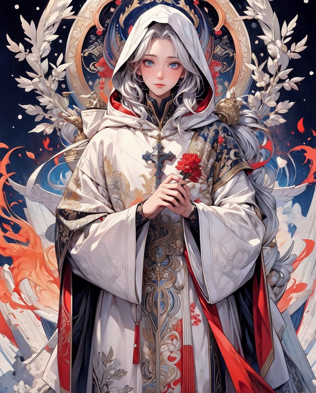 1 man in a snow-covered hoodie with red and blue accents ,holding a dying flame in his hands, The head is playfully tilted to the side, silver haired, hairlong, white colored hair, white robe, Ecclesiastical symbolism, Statue, realisti, (tmasterpiece, hiquality, beste-Qualit, Official art, Beautiful and aesthetically pleasing: 1.2), Extremely detailed, s fractal art, colourful, As detailed as possible, zentangle