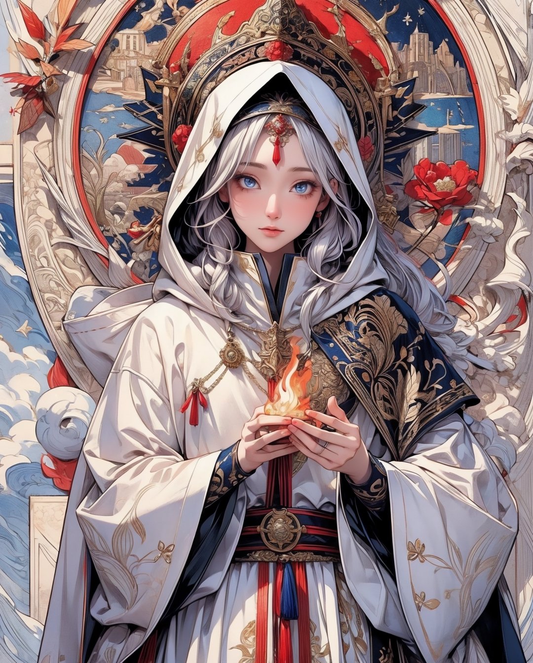 1 man in a snow-covered hoodie with red and blue accents ,holding a dying flame in his hands, The head is playfully tilted to the side, silver haired, hairlong, white colored hair, white robe, Ecclesiastical symbolism, Statue, realisti, (tmasterpiece, hiquality, beste-Qualit, Official art, Beautiful and aesthetically pleasing: 1.2), Extremely detailed, s fractal art, colourful, As detailed as possible, zentangle