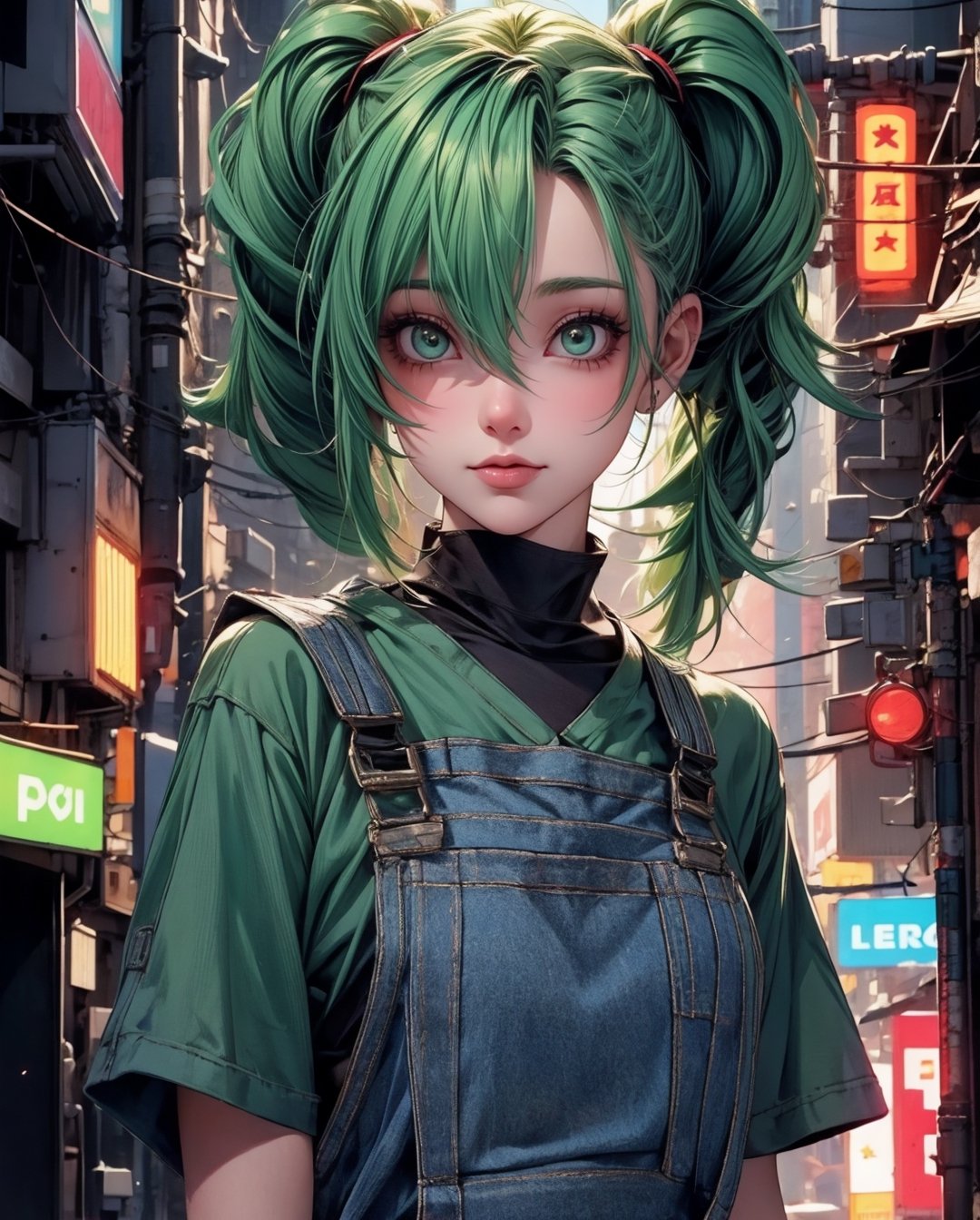 1 green-haired girl with overalls, pendurada em  um poste de luz , Looking at camera,Camera angle up close,Cabelo pigtails, seios grandes,,em uma cidade neon, (estilo cyberpunk) 8K Ultra realista
