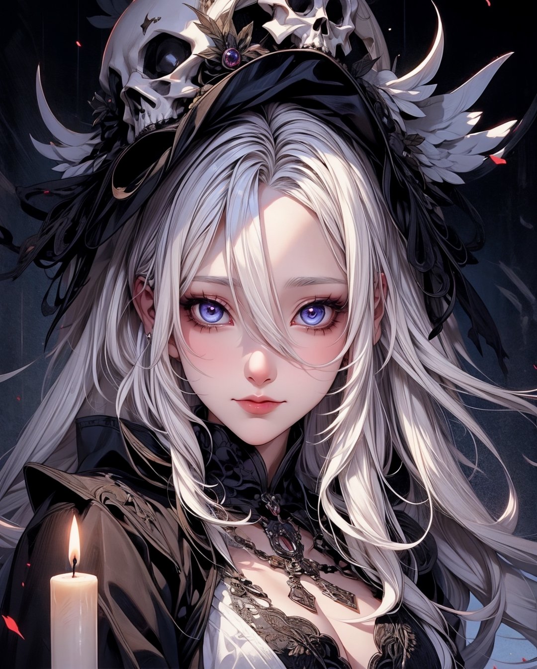 （tmasterpiece,best qualtiy）, solo,A white-haired woman holds a candle,anime skull portrait woman,beautiful necromancer girl,beautiful girl necromancer,Gothic shoujo anime characters,beautiful necromancer,gothic fantasy art,dark fantasy style art, White-haired god,Retrato de um necromante feminino,necromante feminino,goddess of death,Smoky, Flowing white hair,Harsh eyes,paleskin
