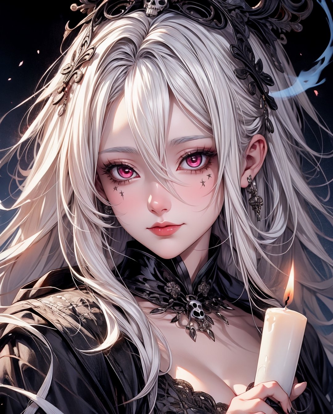 （tmasterpiece,best qualtiy）, solo,A white-haired woman holds a candle,anime skull portrait woman,beautiful necromancer girl,beautiful girl necromancer,Gothic shoujo anime characters,beautiful necromancer,gothic fantasy art,dark fantasy style art, White-haired god,Retrato de um necromante feminino,necromante feminino,goddess of death,Smoky, Flowing white hair,Harsh eyes,paleskin
