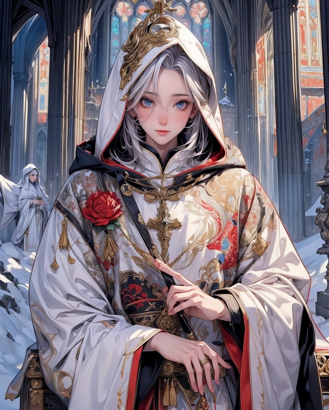 1 man in a snow-covered hoodie with red and blue accents ,holding a dying flame in his hands, The head is playfully tilted to the side, silver haired, hairlong, white colored hair, white robe, Ecclesiastical symbolism, Statue, realisti, (tmasterpiece, hiquality, beste-Qualit, Official art, Beautiful and aesthetically pleasing: 1.2), Extremely detailed, s fractal art, colourful, As detailed as possible, zentangle