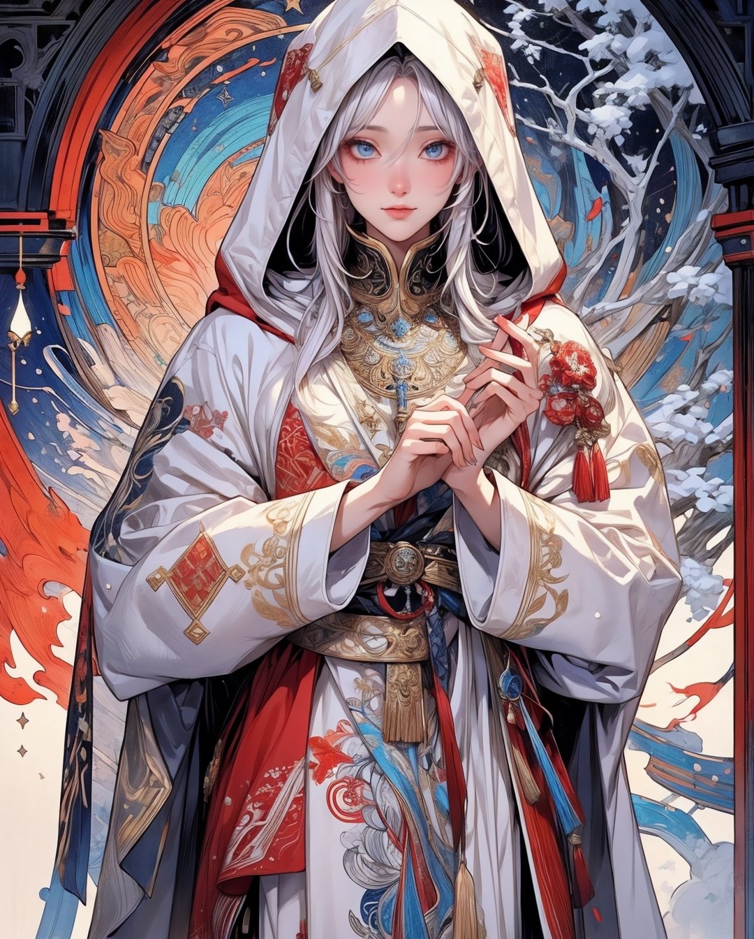 1 man in a snow-covered hoodie with red and blue accents ,holding a dying flame in his hands, The head is playfully tilted to the side, silver haired, hairlong, white colored hair, white robe, Ecclesiastical symbolism, Statue, realisti, (tmasterpiece, hiquality, beste-Qualit, Official art, Beautiful and aesthetically pleasing: 1.2), Extremely detailed, s fractal art, colourful, As detailed as possible, zentangle