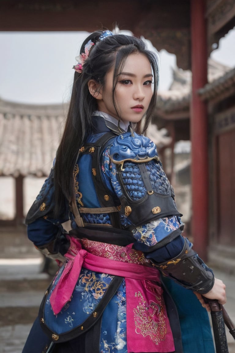 The girl wields a long gun, dynamic transfer, sword fighting movements, jumps, lunges, freestanding, movements visible. The gun is long and delicate

This woman is beautiful, Chinese. 17 years old, black hair. Long hair, traditional Chinese hairstyle. Full, pink lips. Long eyelashes, very bright blue eyes.

The lens is wide-angle and you can see the details of the scene.,Chinese_armor,full_body