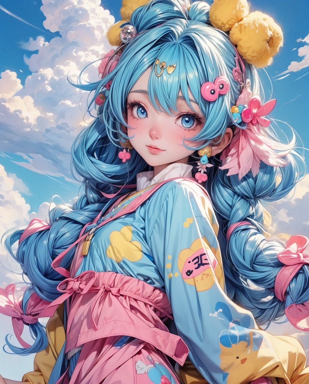 "kawaii, Cute, Adorable girl in pink, yellow, and baby blue color scheme. She wears sky-themed clothing with clouds and sky motifs. Her outfit is fluffy and soft, With decora accessories like hair clips. She embodies a vibrant and trendy Harajuku fashion style.",girl