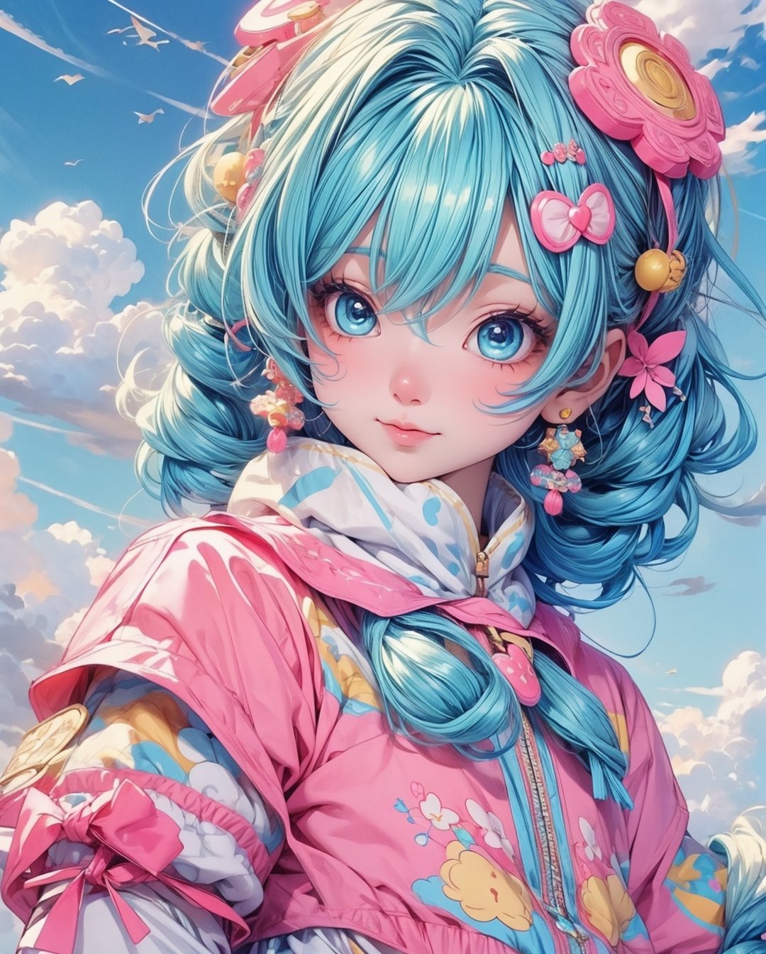 "kawaii, Cute, Adorable girl in pink, yellow, and baby blue color scheme. She wears sky-themed clothing with clouds and sky motifs. Her outfit is fluffy and soft, With decora accessories like hair clips. She embodies a vibrant and trendy Harajuku fashion style."