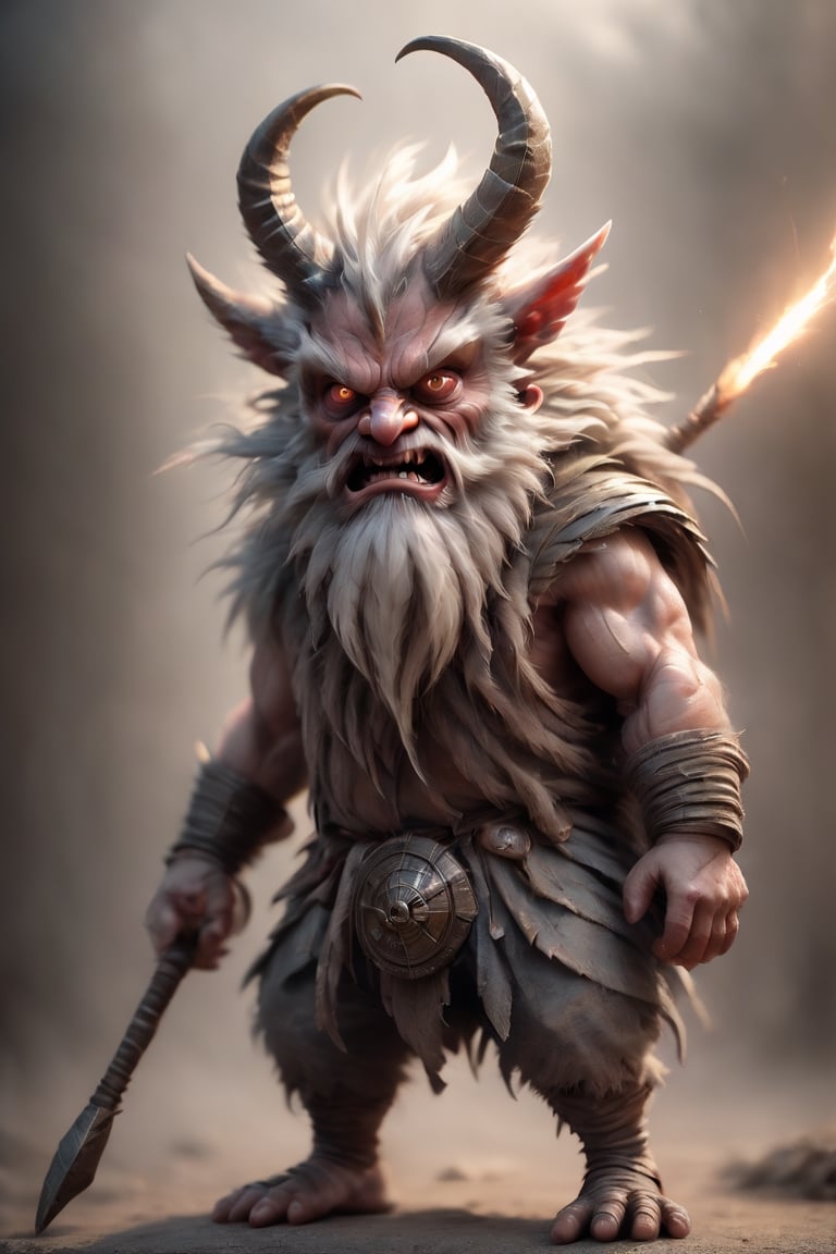 war is the background dwarf three eyes five faces three horns on head body hair shorts four toes triangular mouth vicious scary teeth holding magic wand