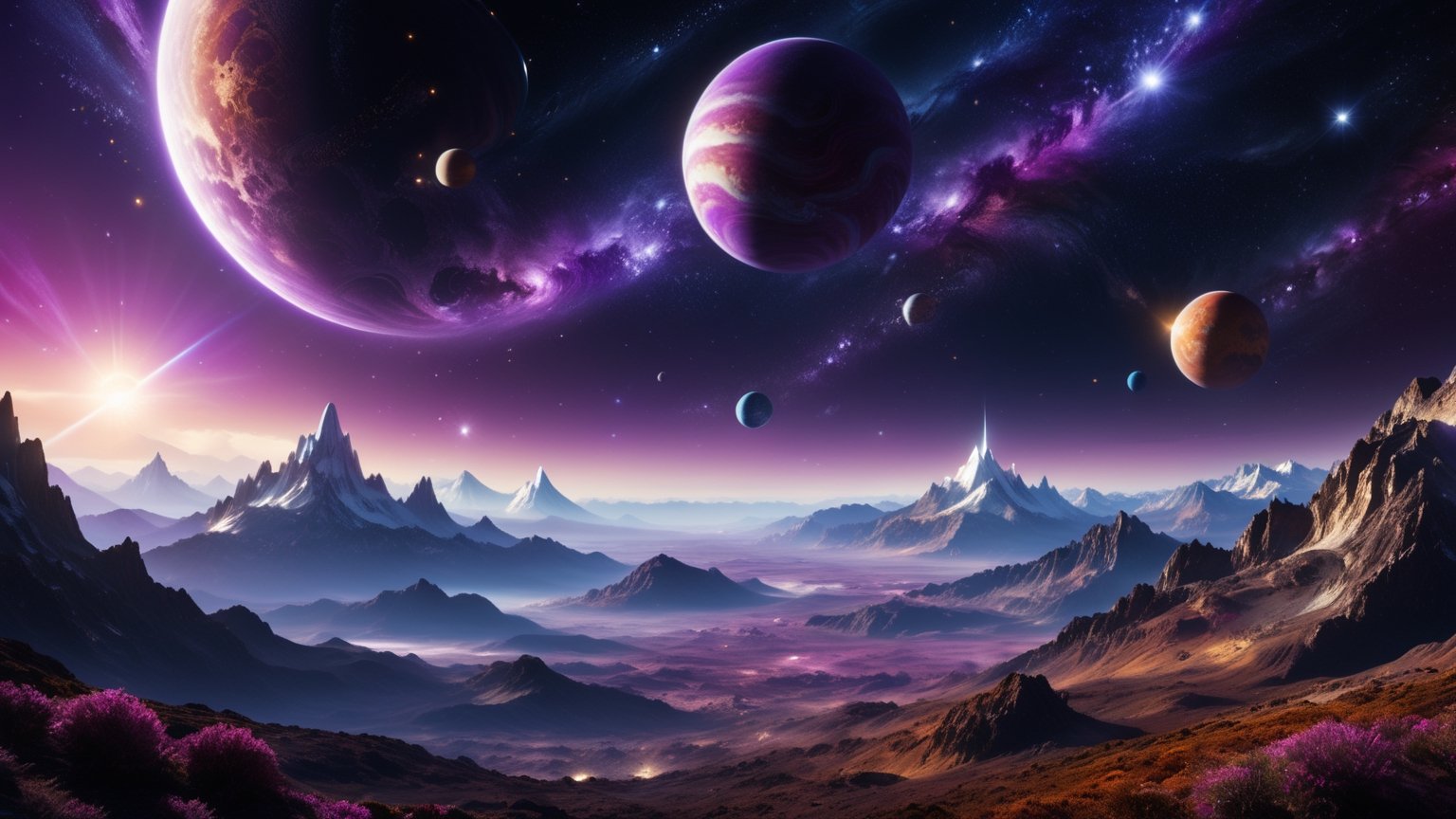 Purple black background, stars in outer space, wide angle, planets of different colors floating in outer space, rich colors, textures and mountains on the planet are clearly visible,