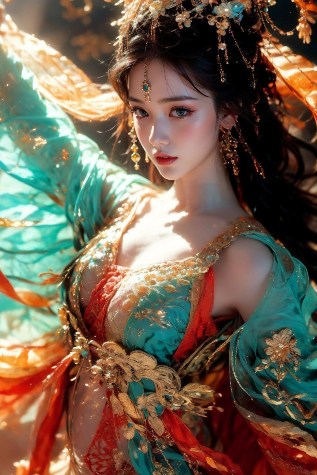 This is a digital photography. A girl, photographed from head to toe, wears an ornate, flowing costume from ancient Chinese Dunhuang murals in bright colors including turquoise, gold and red, embellished with floral patterns and delicate details. The long flowing black hair is decorated with ornate hair accessories, against a background of softly blurred glowing spheres and abstract elements, suggesting a mysterious or dreamy environment. The dynamic light and flow of clothing convey a sense of movement, adding to the ethereal quality of the artwork. The overall ambience is both serene and vivid, and the rich combination of textures and colors is intoxicating.