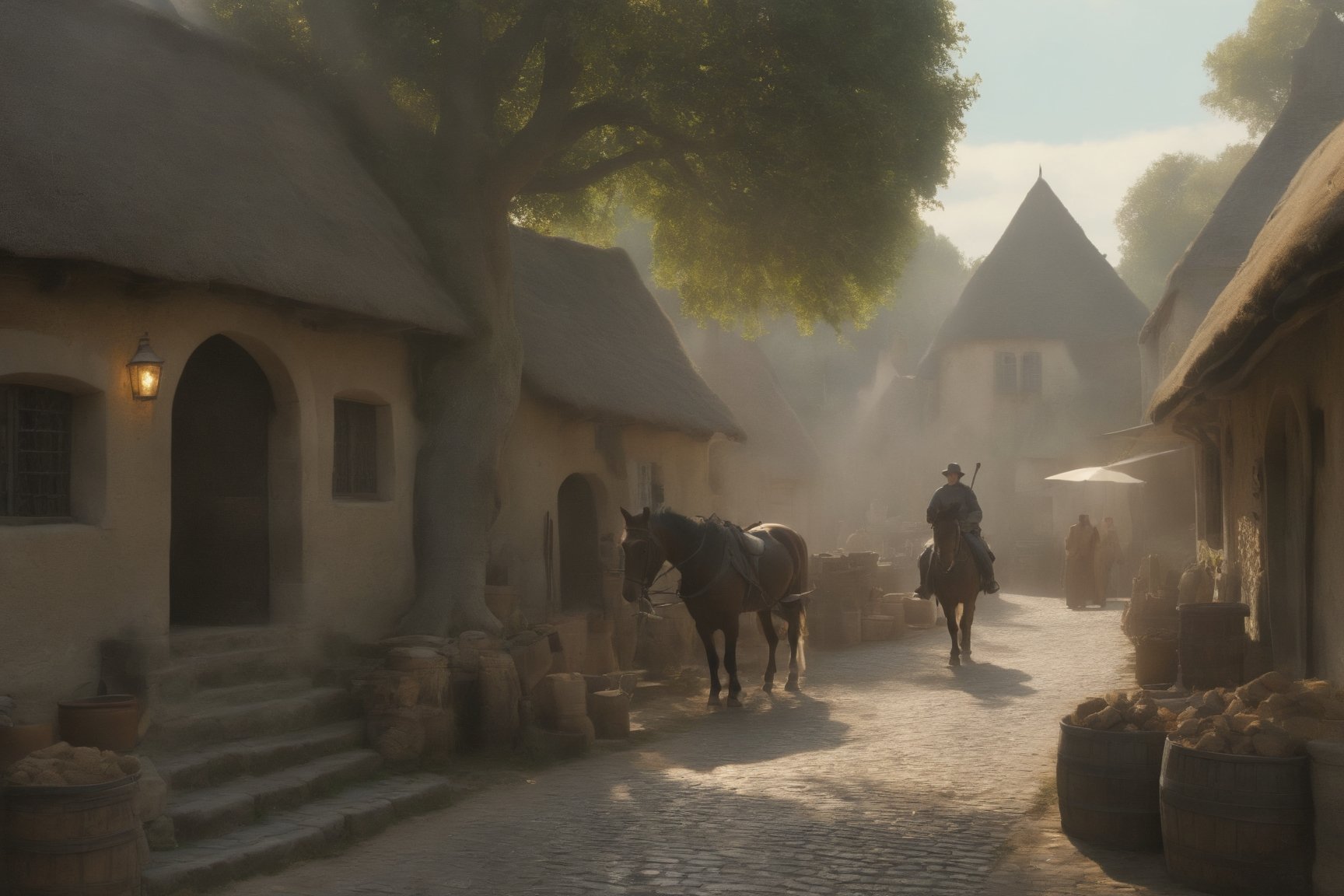 A vivid and detailed medieval village scene, viewed from the perspective of a bystander. The cobblestone streets are lined with small huts and shops, with only a little straw scattered about. There is a well in the center, and a blacksmith's workshop is visible on the right. A large oak tree stands at the back, adding depth to the scene. A knight on his horse is partially visible from the front, with the entire horse and rider in view. A dog sits by the well, and a cat hunts a mouse, adding a touch of everyday life to the scene.