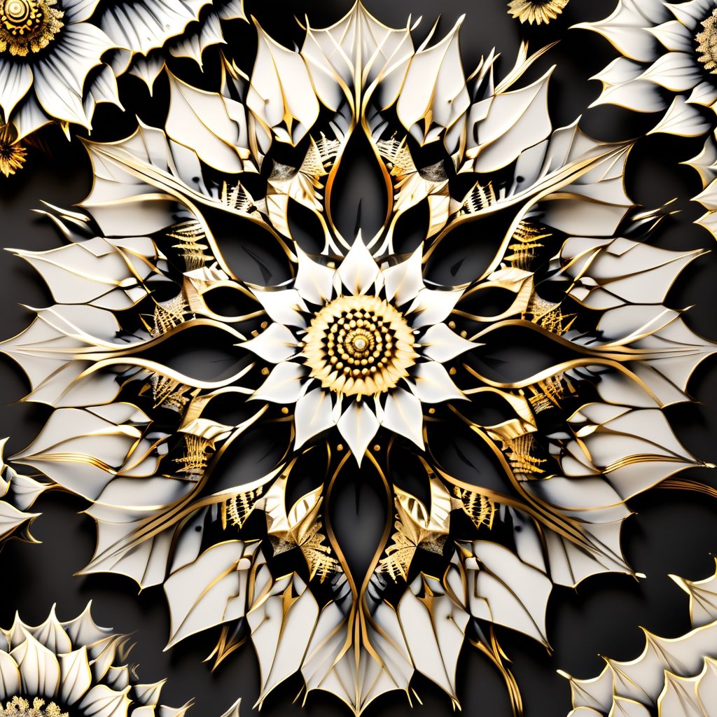 A hauntingly beautiful mandala inspired by peeling bark and decaying flowers. Render the design in a limited palette of black, white, and gold, with intricate fractal patterns emerging from the cracks and crevices