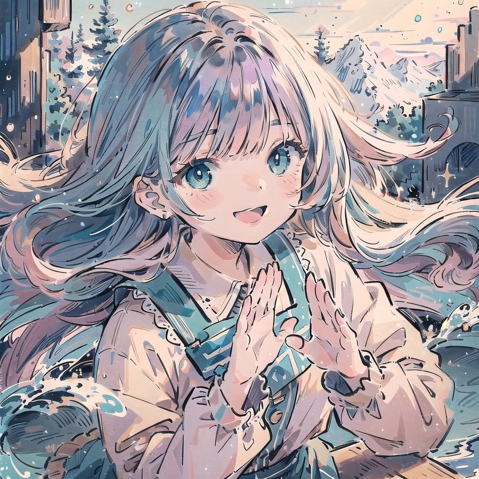 (masterpiece), scenery, upper body, 1girl, wavy hair, floating hair, smile, sitting, open mouth, light particles, blue hair, aqua eyes, looking at viewer, face focus, waving, 5 fingers 