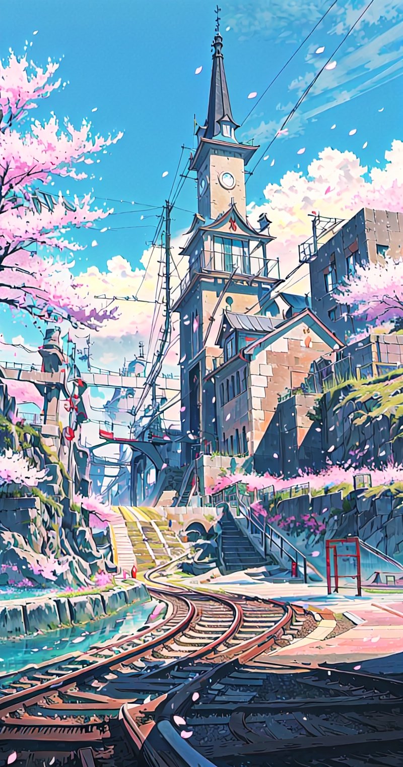 outdoors, sky, cloud, tree, no humans, cherry blossoms, ground vehicle, scenery, smoke, stairs, train, railroad tracks,rayearth,no_humans,pastelbg,yofukashi background,diving_the_water_background,nishikitakouen,Anime 