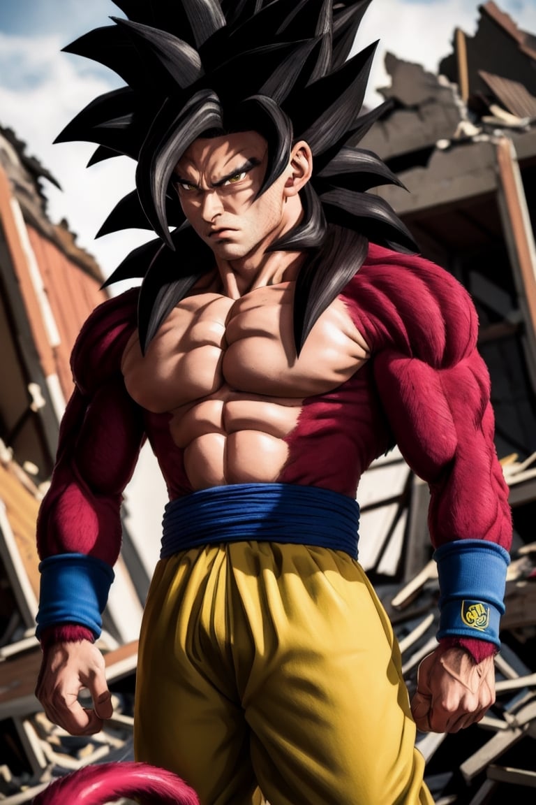 ((masterpiece,best quality)), absurdres, destroyed houses background, Super Saiyan 4 Goku, 1boy, male focus, super saiyan, tail, wristband, pants, red fur, black hair,  solo, looking at viewer, cowboy shot, red hairy skin, yellow brown eyes, view to camera, Serious, male, angry