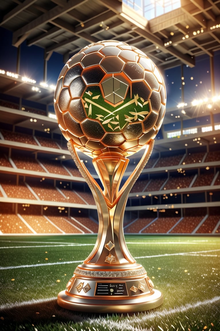 A tall trophy on the football field, of football championship 2024 is designed in a perfect and luxurious way, is placed in the middle of the stadium , above the trophy is a carved symbol of a hexagonal soccer ball made of gold, be made from gold, decorated with polished and twinkle, dark background, beautiful,Visually delightful, 3D,more detail XL,glitter,ral-3dwvz,glass shiny style,ADD MORE DETAIL,BJ_3D_trophy,shiny