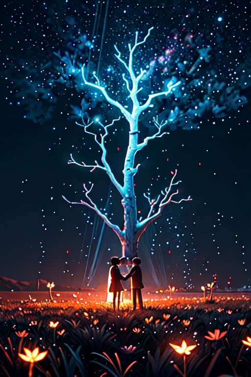 (masterpiece),  best quality,  high resolution,  highly detailed,  detailed background,  cinematic light,  1 raining ,  (two people kissing ),  night,  dark sky,  luminous light ,  giant tree,  white bark with red luminous veins,  white leaves,  stars,  blue tones,  wallpapers,  high quality,  glow,  magic,,,High detailed ,Color magic Athena