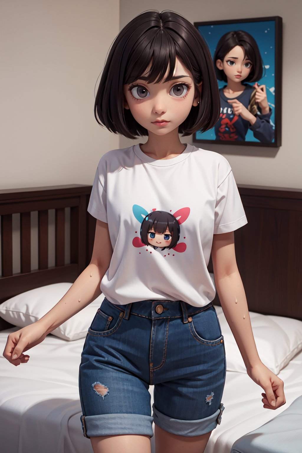8k,best quality,masterpiece,ultra high res,portrait,beautiful,kawaii,dark hair,bob,clothes,from front,sweat,on the bed,jmf,jml