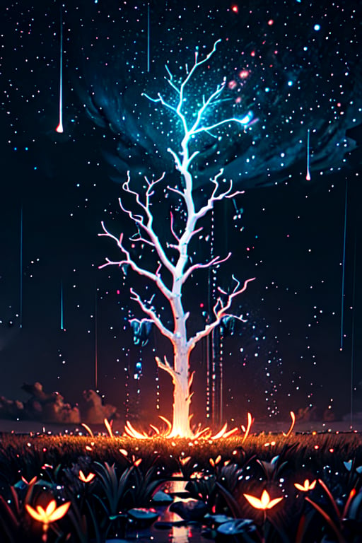 (masterpiece),  best quality,  high resolution,  highly detailed,  detailed background,  cinematic light,  1 raindrops ,  (raining ),  night,  dark sky,  luminous light ,  giant tree,  white bark with red luminous veins,  white leaves,  stars,  blue tones,  wallpapers,  high quality,  glow,  magic,,,High detailed ,Color magic Athena