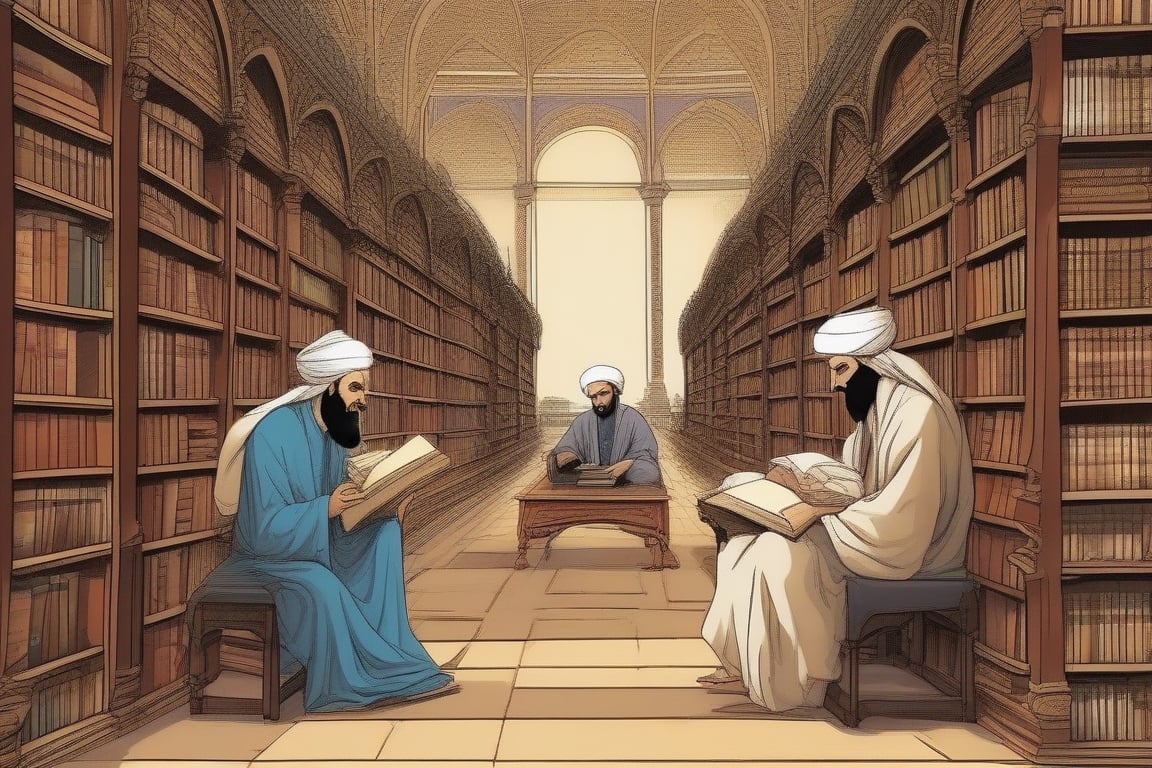 An image of a scholarly and wise personality like Ibn Sina and Farabi who are reading books in a big library with many books next to them, and make this image as a comic in the best way