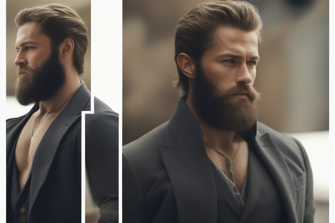 A strong character with a beautiful face and a beard and full back hair