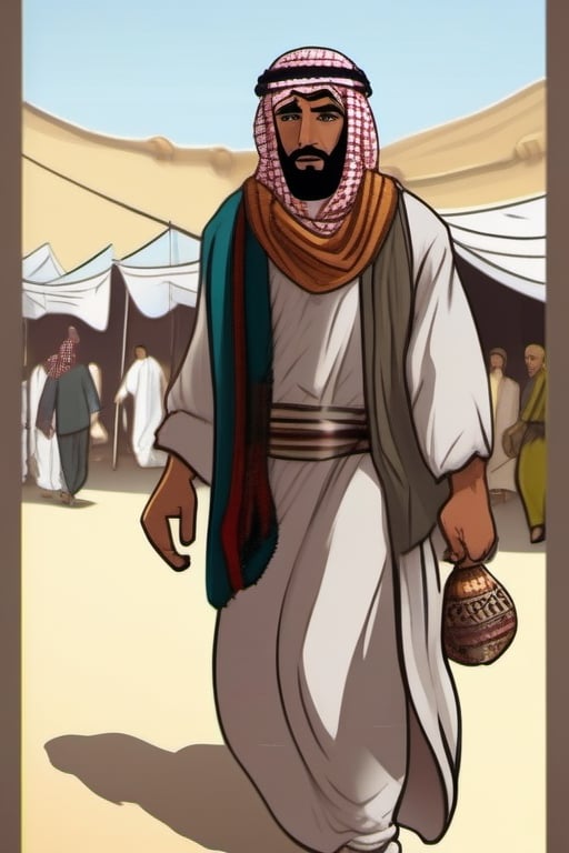 I want you to create a comic picture of a Bedouin Arab character walking in the bazaar of an Arab city in the best possible way for me.
