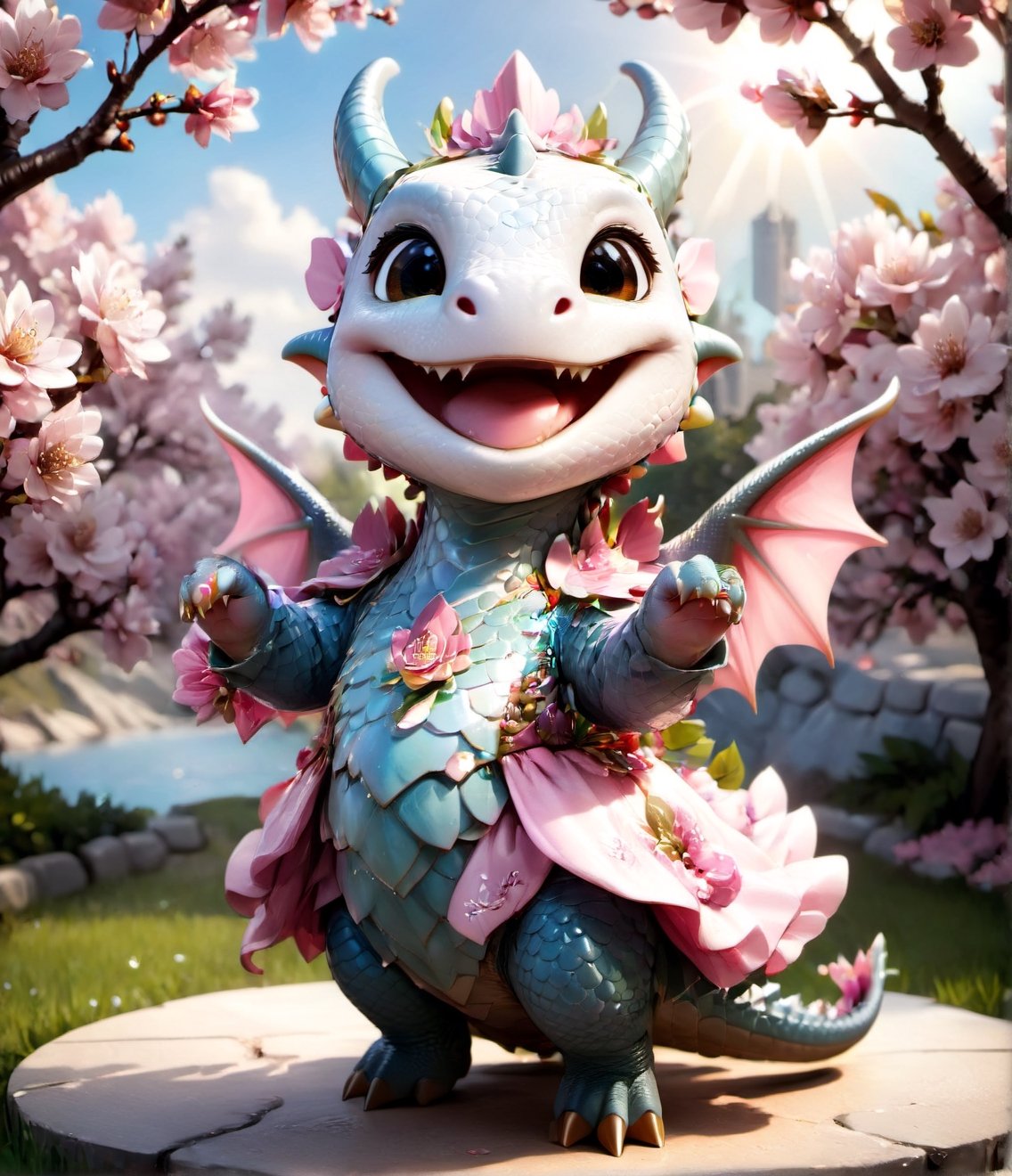  portrait of cute dragon,(singing pose), high quality,() ,intricate details, highly detailed dress ,smile,highly detailed flower decorations, long tail , (wind effect), cherry_blossom background,sun light,perfect lighting,(full body image:1.5),more detail XL,,cute dragon,sticker,ULTIMATE LOGO MAKER [XL],disney pixar style