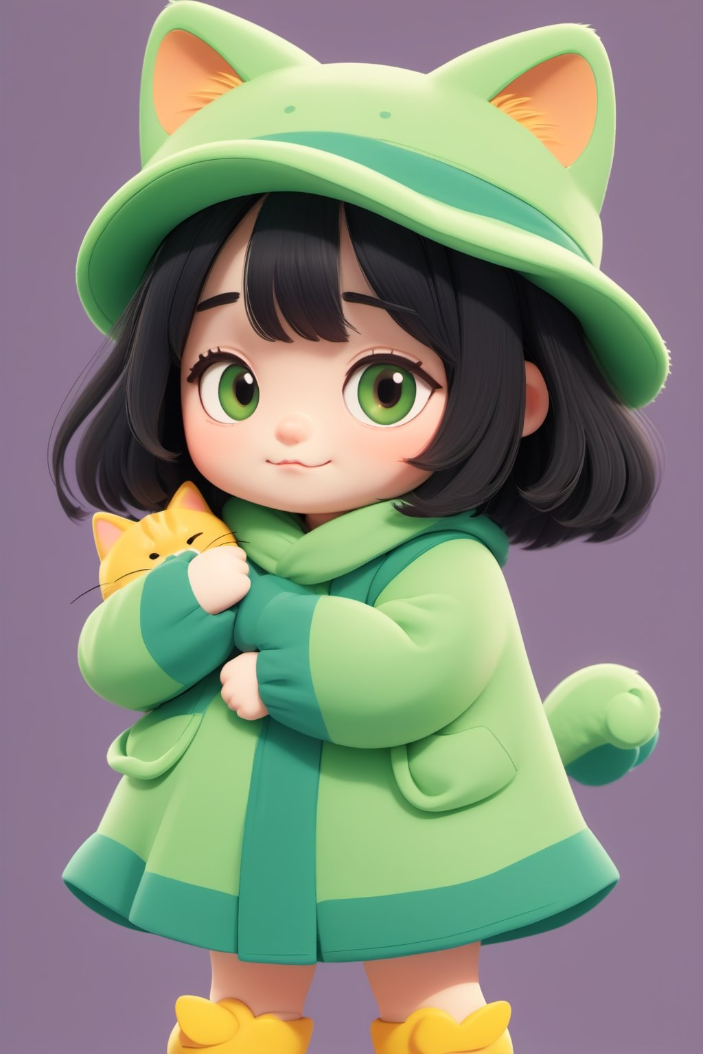 (( Riding a giant fat fluffy cat )), shining eyes, twin braid, black hair, parted bangs, little girl, 10 years old, simple green witch's big hat and green robe, ,LegendDarkFantasy,DonMB4nsh33XL ,chibi,cute comic