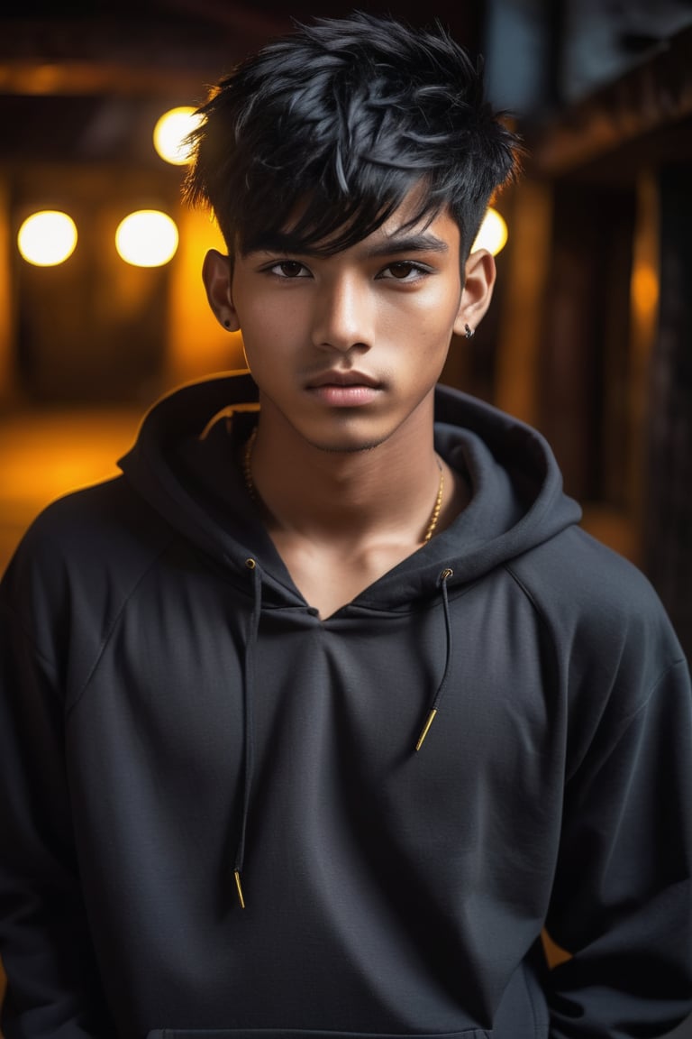 Dramatic lighting casts a warm glow on the young man's confident pose, his unzipped hoodie framing toned arms and piercing amber eyes that seem to cut through the darkness. Jet-black hair is perfectly messy, with bangs parting in the middle, emphasizing his square jawline. The camera frames him against a mystical backdrop of dark fantasy elements, with sharp pupils drawing attention to his 18-year-old face, 
Nepali,radiating maturity, adulthood, and confidence.