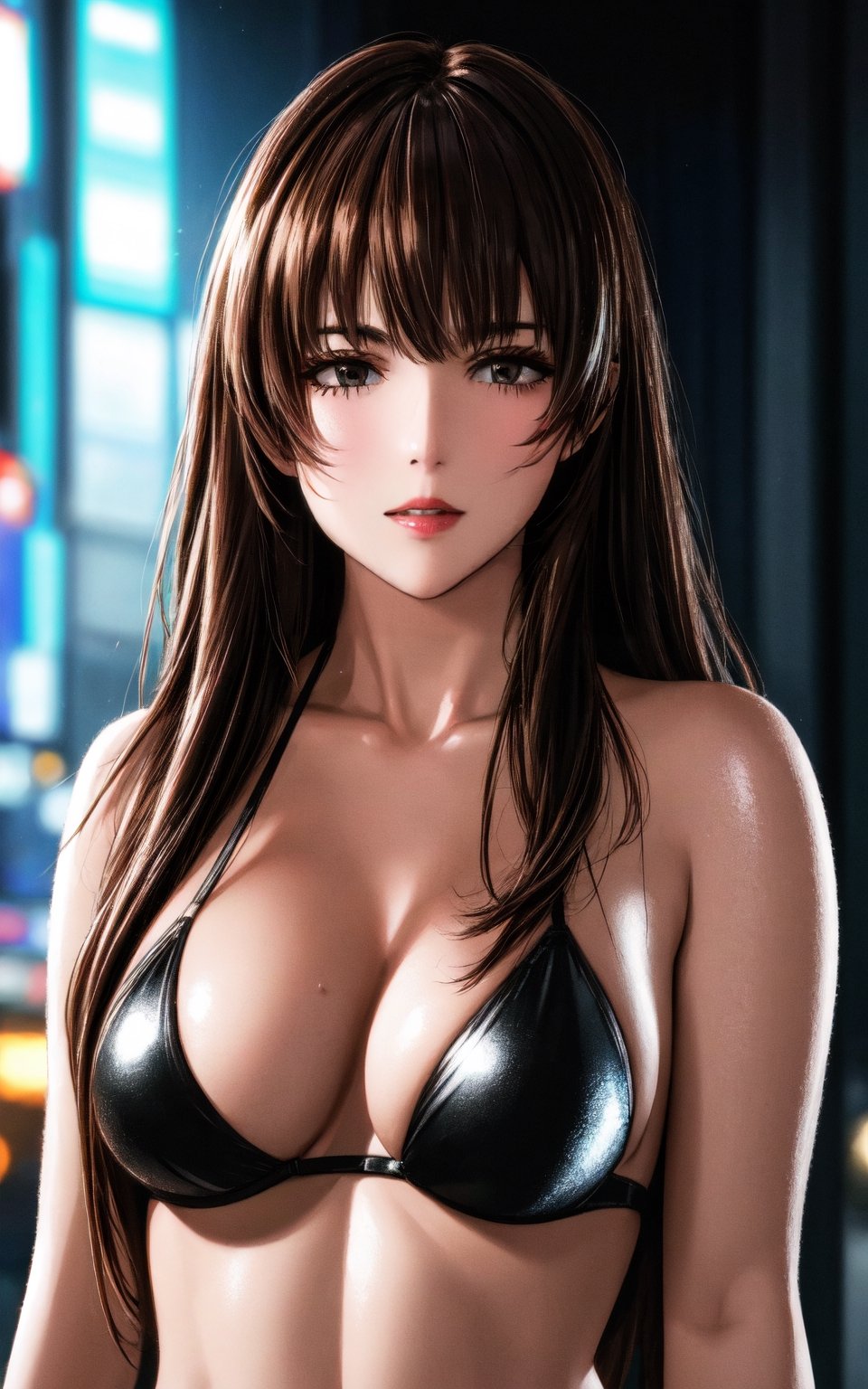 photorealistic, masterpiece, best quality, raw photo, 1girl, huge breasts, long hair, brown hair,bikini, looking at viewer, dynamic lighting, in the dark, deep shadow, low key, intricate detail, detailed skin, pore, highres, hdr,seethru,Cyberpunk,flash