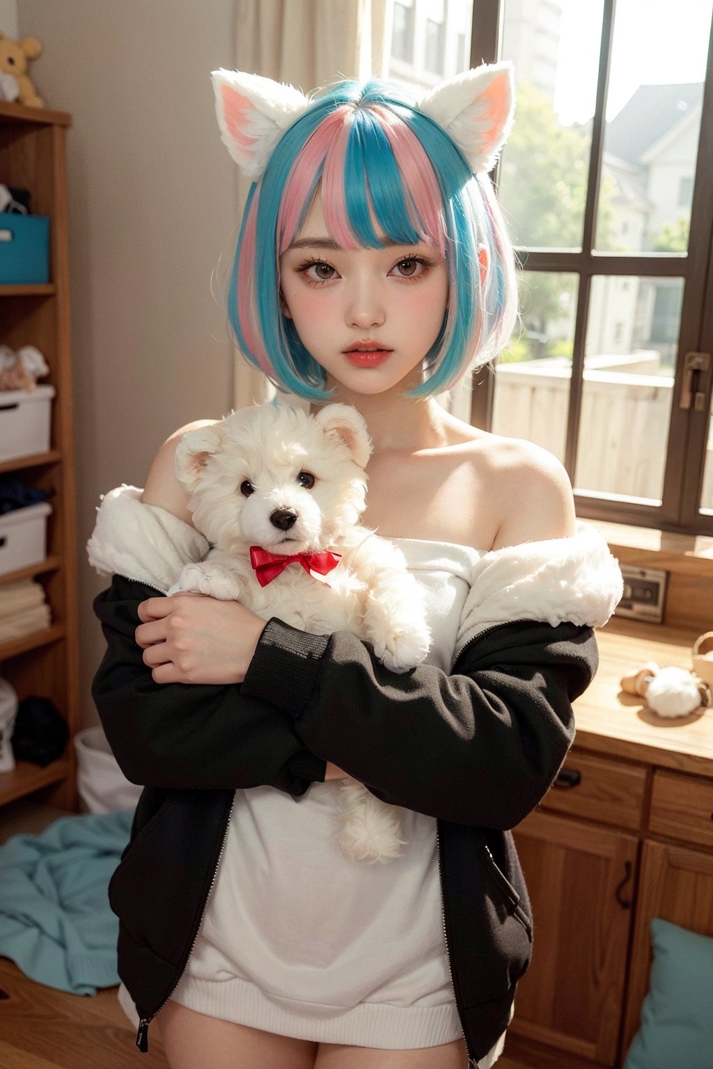 (best quality, masterpiece), 1girl, off shoulder,(softcolored hair:1.3), clutter girl's lovely room, hugging stuffed animal, fluffy hoodie with animal ears,FUJI