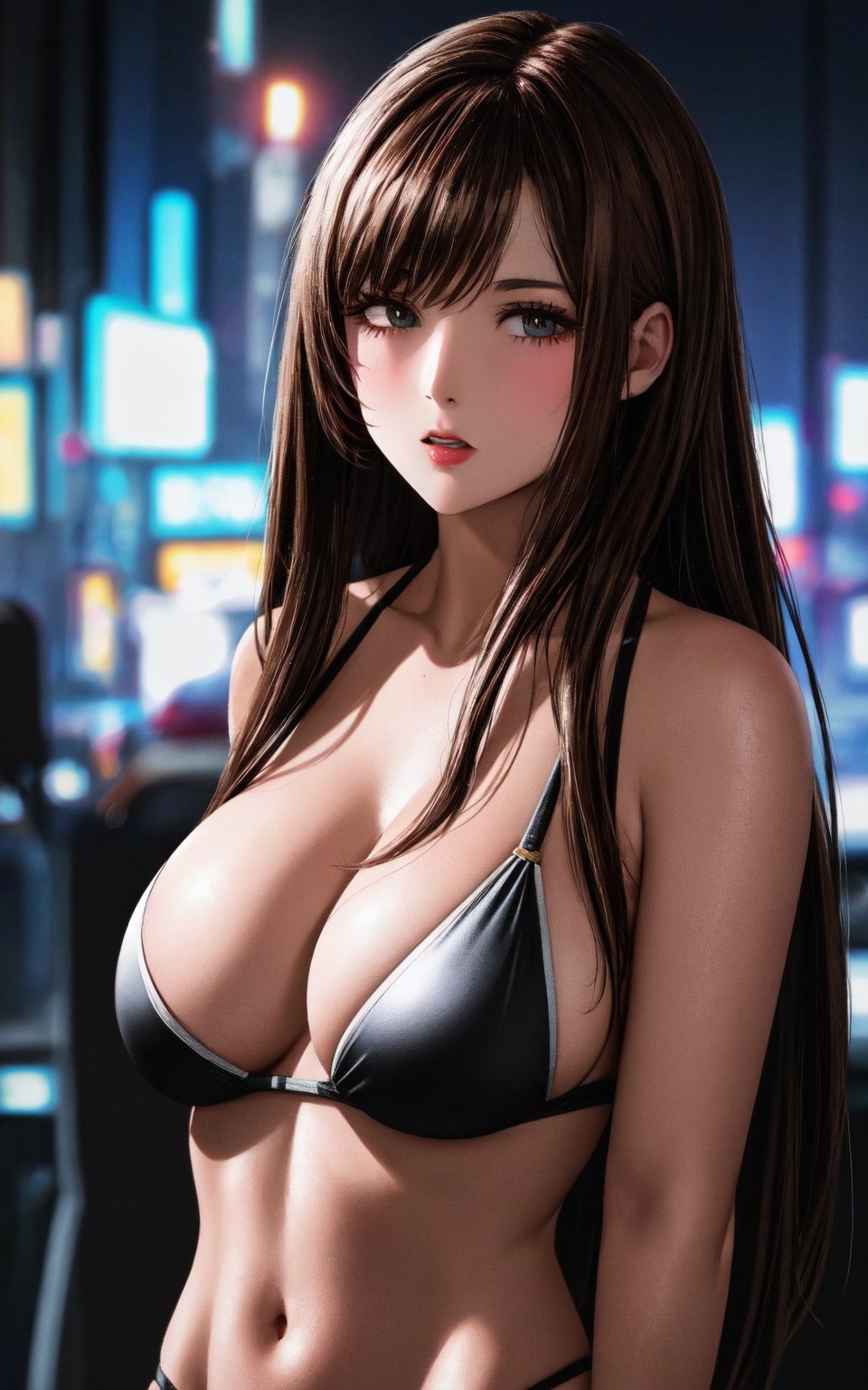 photorealistic, masterpiece, best quality, raw photo, 1girl, huge breasts, long hair, brown hair,bikini, looking at viewer, dynamic lighting, in the dark, deep shadow, low key, intricate detail, detailed skin, pore, highres, hdr,seethru,Cyberpunk,flash