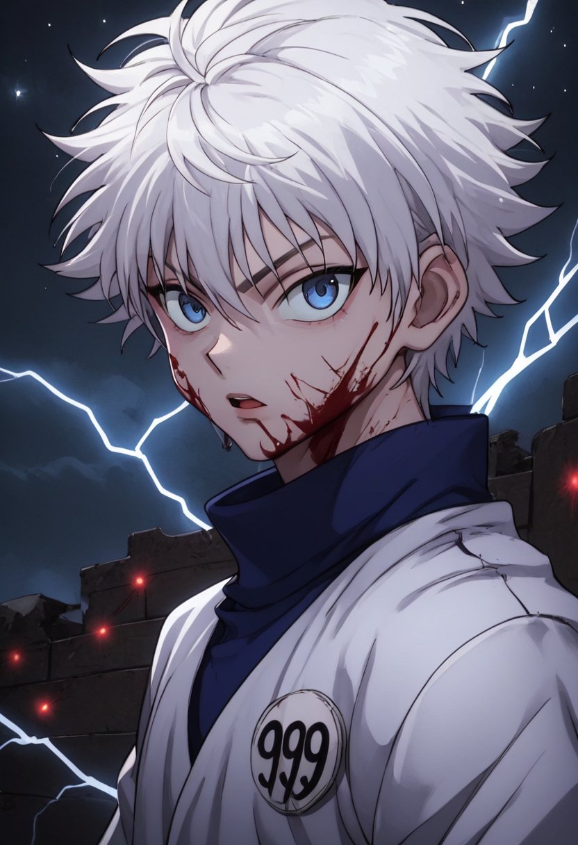Score_9_up, Score_8_up, Score_7_up, Very detailed, high quality, masterpiece, beautiful, , killua_zoldyck, 1boy, solo, looking at viewer, short hair, open mouth, bangs, blue eyes, shirt, long sleeves, hair between eyes, upper body, white hair, male focus, looking back, electricity, magic, male child, score_8_up, rating_safe, shading, detailed background, good illumination, shiny leather, defined, a cliff, night, stars, full moon, full moon in the backgrounddetails (lora:xl_char_killua_zoldyck:1.0), (countershading:1.3) (Electrokinesis:1.3),perfect hands, good handes, perfect fingers,evil expression, murderous expression, blood on the face, blood on the hands, long nails,gore atmosphere, yandere, terrifying atmosphere,empty eyes,ladyshadow,CarnageStyle,lighting_thunder, lightning,electricity, glowing, serious expression, death expression, death eyes,BloodOnScreen,detailed skin, good lighting, play of lights, sharpness, blood on the face, blood in the hair, blood on the hands, sunken eyes, dark circles,cloced mouth, expressionless, cartoon,more detail XL,tag score