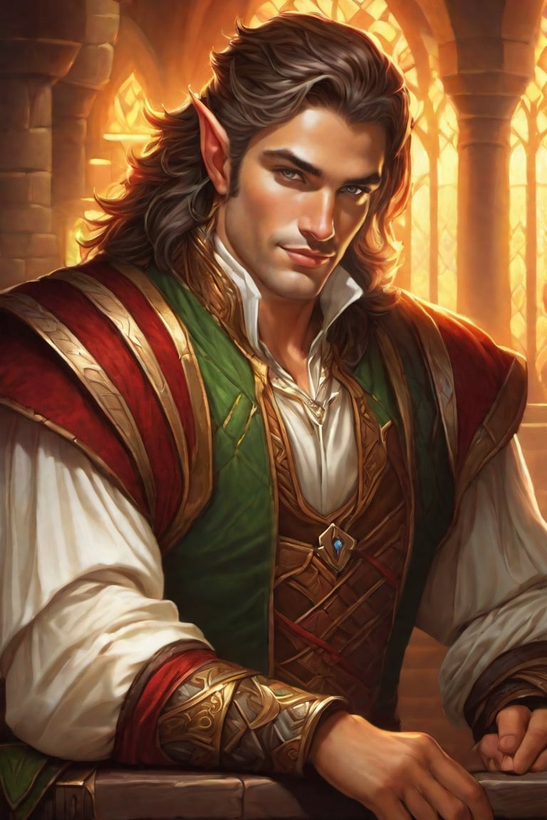 best quality ,Multicolor masterpiece,ultra-high resolution, male demi-elf, smirk, arrogant, tavern