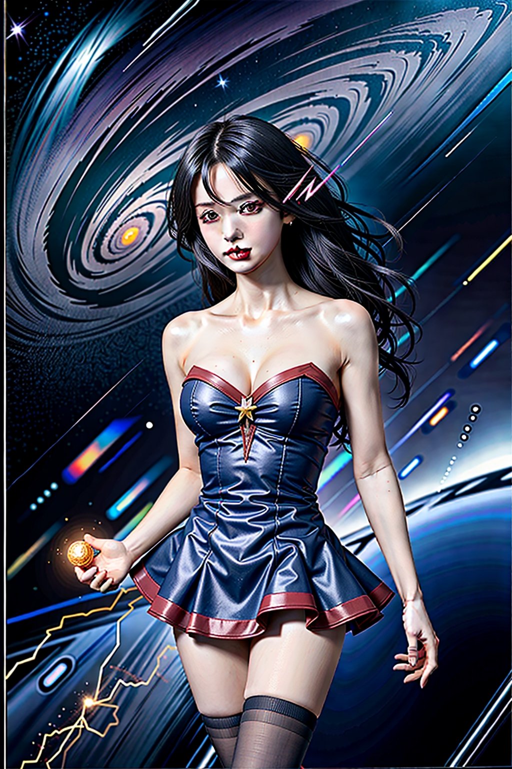 ((masterpiece)), (((best quality))), ((ultra-detailed)), ((illustration)), ((disheveled hair)), beautiful detailed eyes, (1girl:1.2),(solo), dynamic angle, dark magician girl,(black kneehighs:1.1),(starry tornado:1.4), starry Nebula, ((frills)), beautiful detailed sky, beautiful detailed eyes,evil smile, expressionless,hairs between eyes,  white  hair,pleated skirt,((disreveled hair))