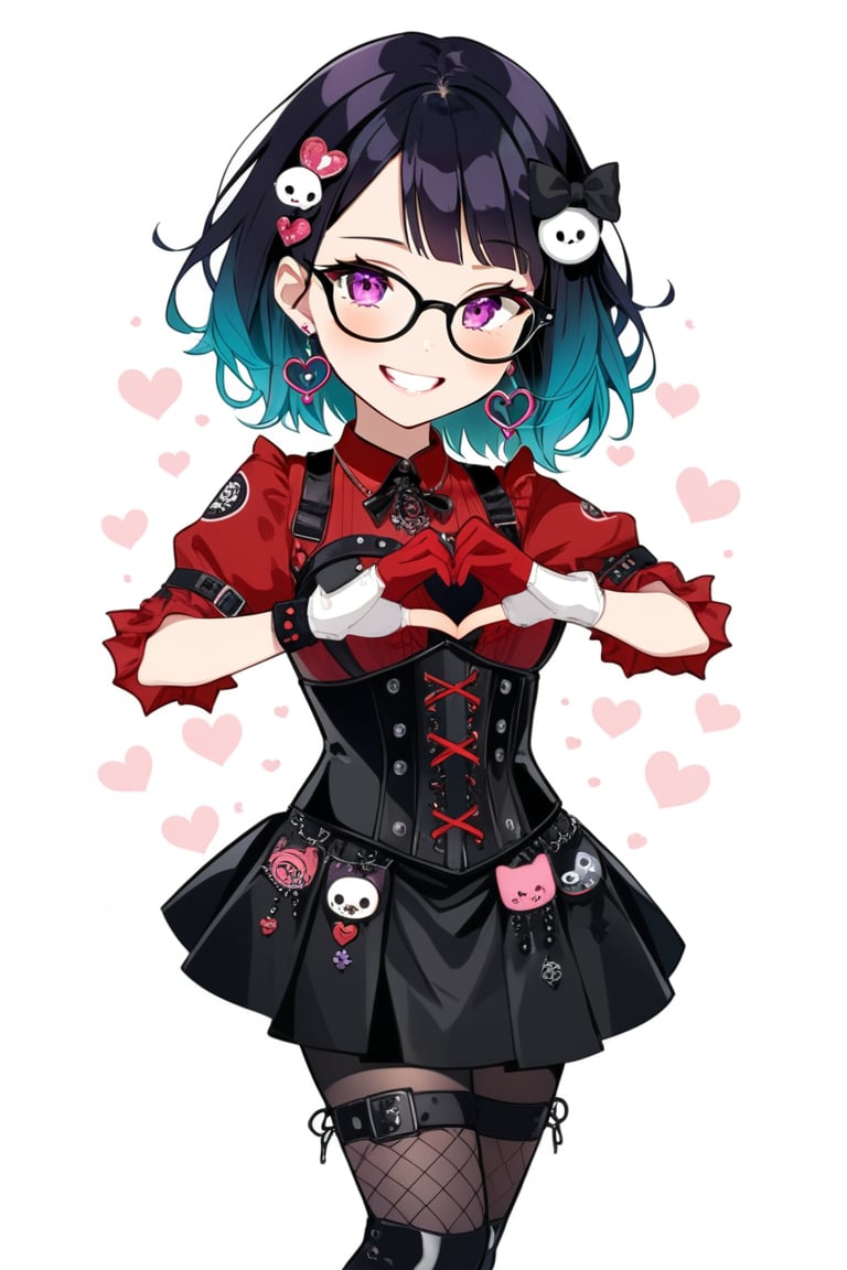 1girl, glasses girl, smile face, grin, cute smile, pastel goth, Catholicpunk aesthetic art, gloved hands, cute goth girl in a fusion of Japanese-inspired Gothic punk fashion, glasses, dark, goth. RED gloves, tight corset, incorporating traditional Japanese motifs and punk-inspired details,Emphasize the unique synthesis of styles, score_9, score_8_up, heavy makeup, earrings, kawaiitech, dollskill, chibi, ,BIG EYES,Eyes,heart hands