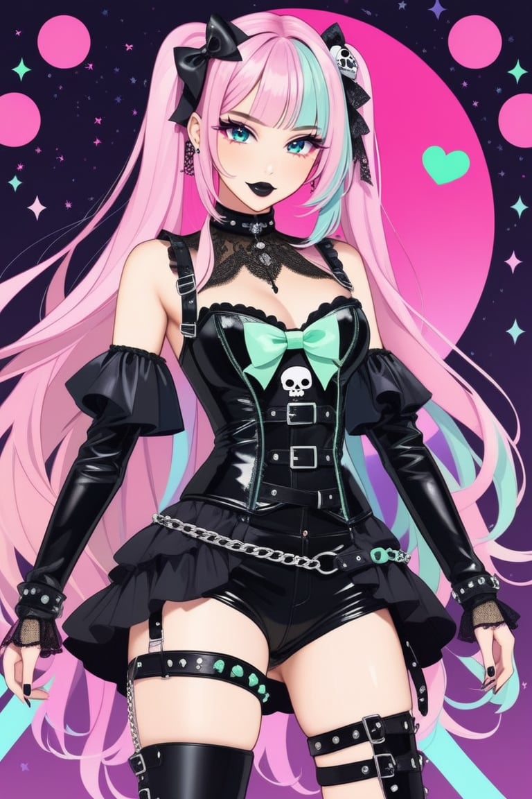 1Girl,Cute VTuber, Gothic Emo style fused with pastel punk fashion, She wears dark edgy clothing , Gothic elements like lace, corsets, and chains, but in pastel colors like pink, mint green, and lavender. Her hair is a vibrant mix of pastel hues, styled with asymmetrical bangs, adorned with small skulls or bows. Accessories include studded bracelets, chokers, and combat boots, all in pastel shades. Her makeup features dark eyeliner and eyeshadow, contrasted with pastel lipstick,vtuber,dal-1