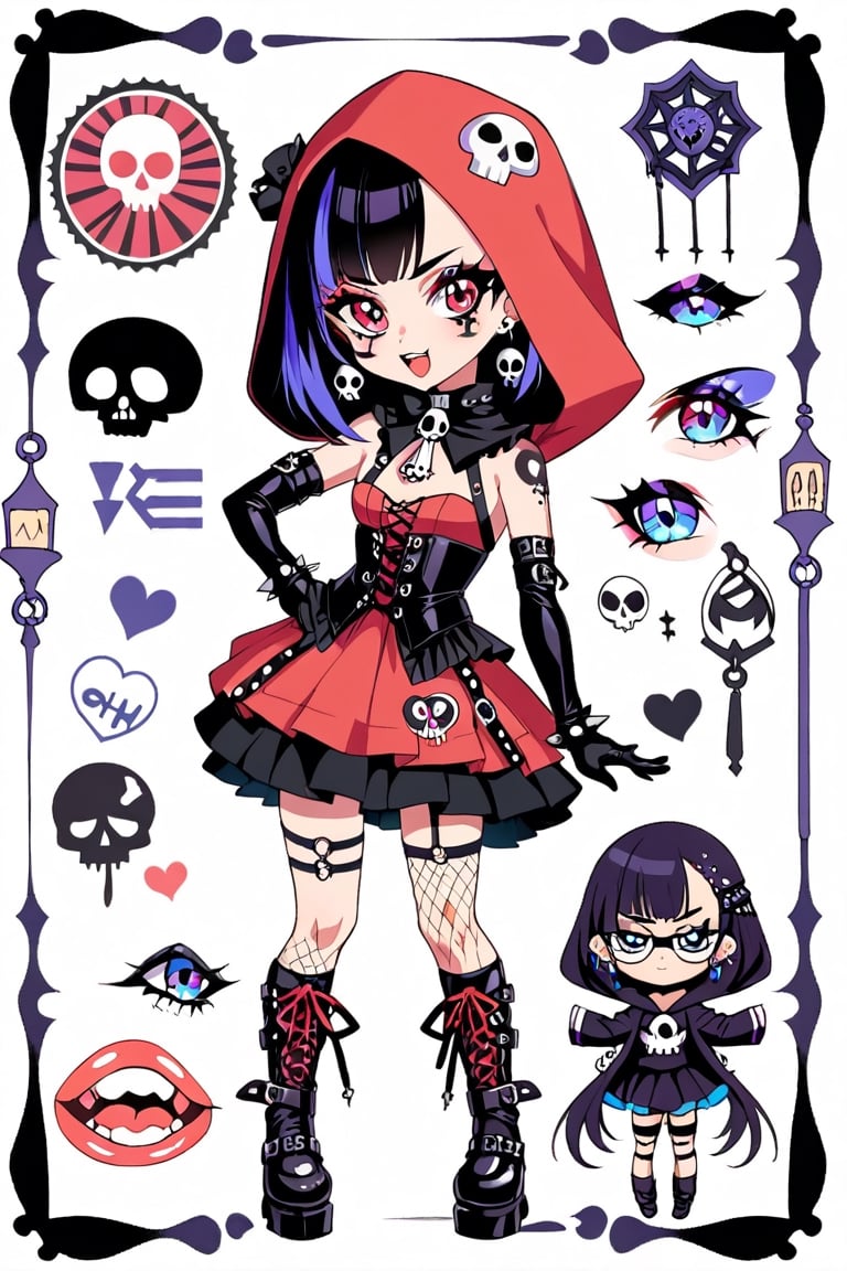 solo, STICKER ART, ANGRY MAD, cute Little girl,Little Red Riding Hood in a fusion of Japanese-inspired Gothic punk fashion,Red Hood, skulls, dark, goth. black gloves, tight corset,  incorporating traditional Japanese motifs and punk-inspired details,Emphasize the unique synthesis of styles, 

(the text "LESBIAN" IN "Punk" text), heart \(symbol\),  Skull\(symbol\), 
pastel goth,dal,colorful,chibi emote style,artint,score_9, score_8_up