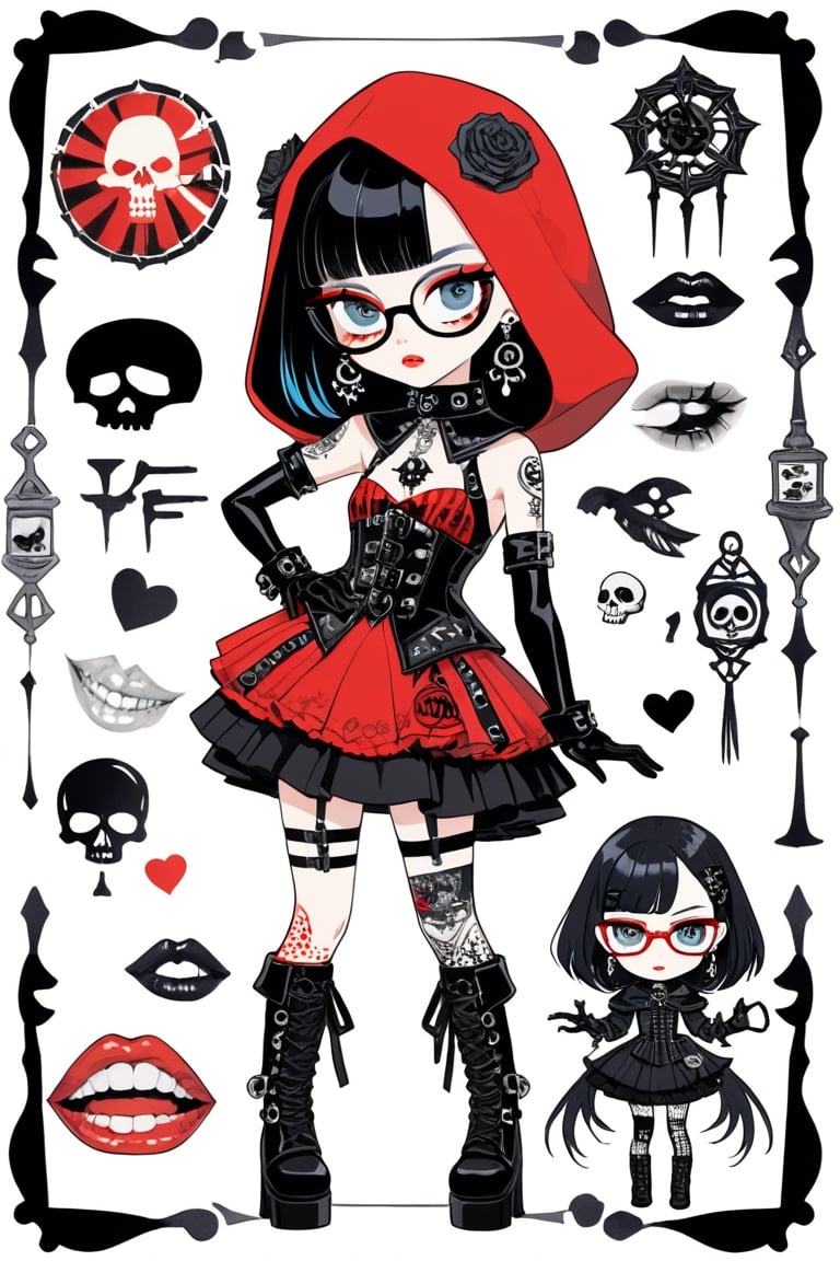 solo,cute Little girl, Little Red Riding Hood in a fusion of Japanese-inspired Gothic punk fashion,Red Hood, elegance ancient Egypt edgy elements of Gothic punk, Gothic accessories, incorporating traditional Japanese motifs and punk-inspired details,Emphasize the unique synthesis of styles, 1girl, solo, looking at viewer, blue eyes, skirt, black hair, thighhighs, gloves,  jewelry, earrings, boots, parted lips, glasses, black gloves, elbow gloves, black thighhighs, collar, lips, hand on hip, tattoo, makeup, garter straps, freckles. Nice eyes.

("Punk" text), heart \(symbol\),  Skull\(symbol\), 
pastel goth,dal,colorful,chibi emote style,artint,BIG EYES